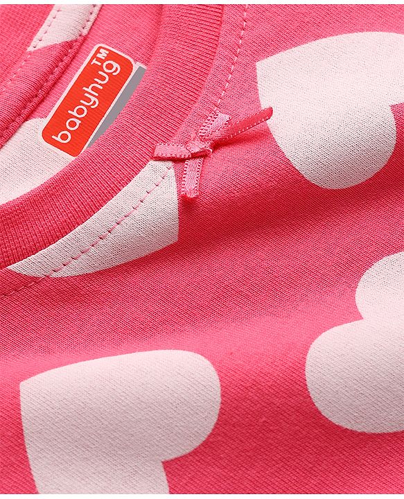 Babyhug 100% Cotton Knit Half Sleeves Hearts Printed Co-Ords T-Shirt & Pyjama Night Suit - Pink