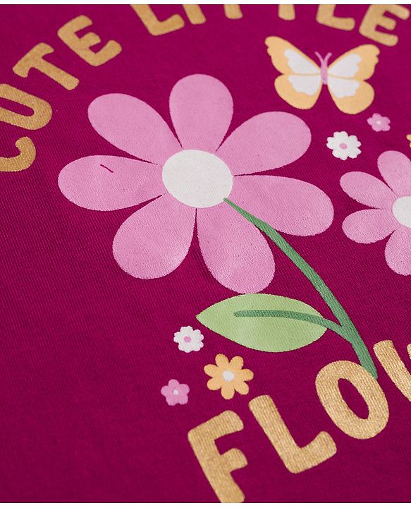 Babyhug Cotton Knit Full Sleeves T-Shirt & Pyjama Night Suit With Floral & Text Print - Maroon