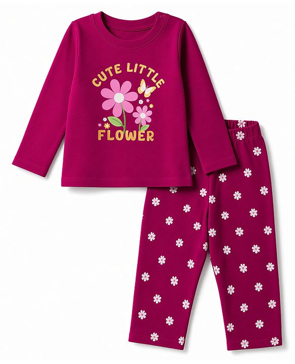 Babyhug Cotton Knit Full Sleeves T-Shirt & Pyjama Night Suit With Floral & Text Print - Maroon