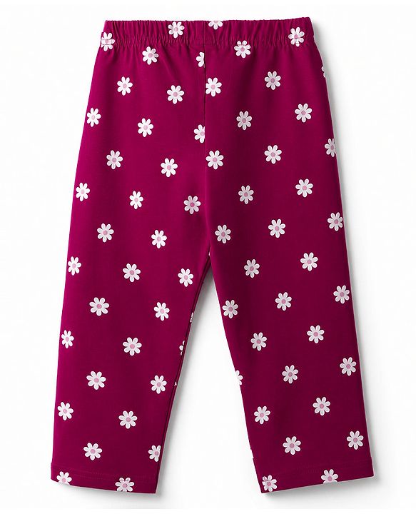 Babyhug Cotton Knit Full Sleeves T-Shirt & Pyjama Night Suit With Floral & Text Print - Maroon