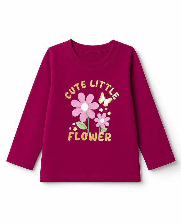 Babyhug Cotton Knit Full Sleeves T-Shirt & Pyjama Night Suit With Floral & Text Print - Maroon