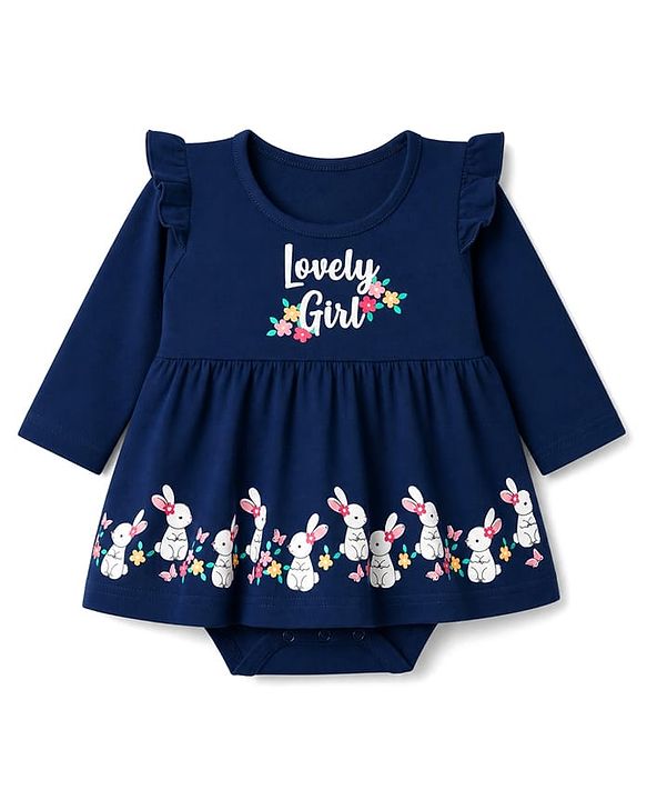Babyhug 100% Cotton Interlock Knit Full Sleeves Text & Bunny Printed Onesie With Hairband - Navy