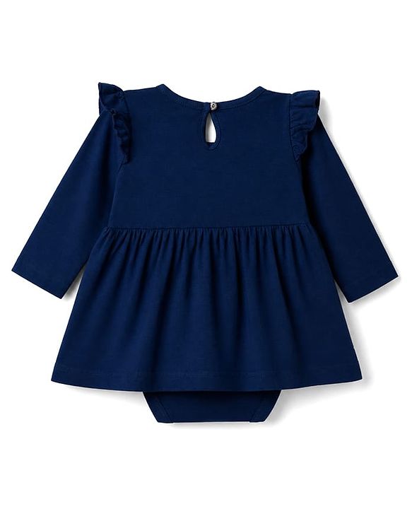 Babyhug 100% Cotton Interlock Knit Full Sleeves Text & Bunny Printed Onesie With Hairband - Navy