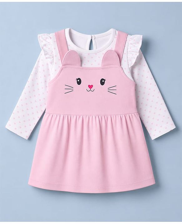 Babyhug 100% Cotton Knit Full Sleeves Hearts Printed Tee & Frock Style Onesie Set - Pink