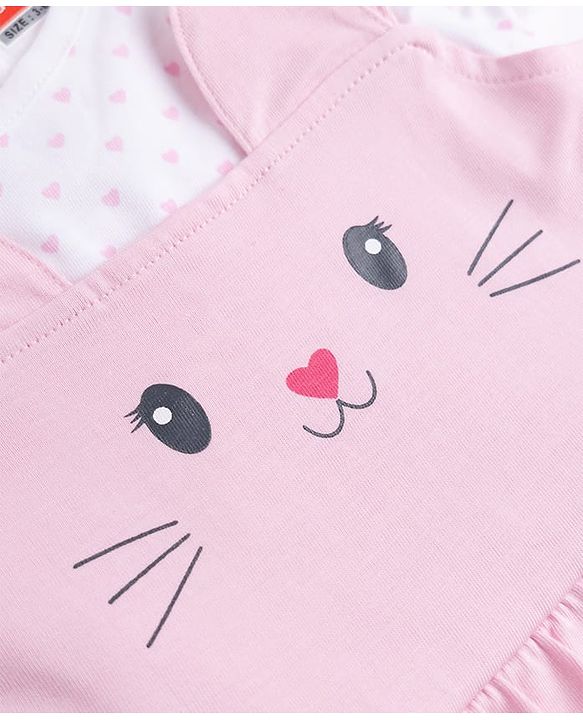 Babyhug 100% Cotton Knit Full Sleeves Hearts Printed Tee & Frock Style Onesie Set - Pink