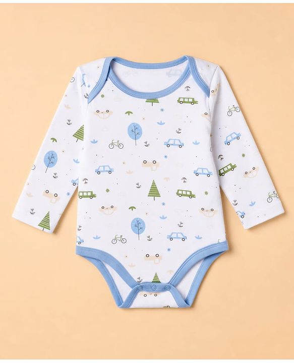 Babyhug 100% Cotton Interlock Knit Full Sleeves Onesies with Leggings & Cap Mittens & Booties With Vehicle Print - Light Blue