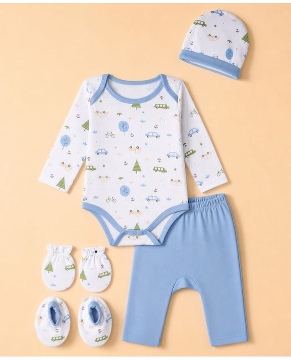 Babyhug 100% Cotton Interlock Knit Full Sleeves Onesies with Leggings & Cap Mittens & Booties With Vehicle Print - Light Blue