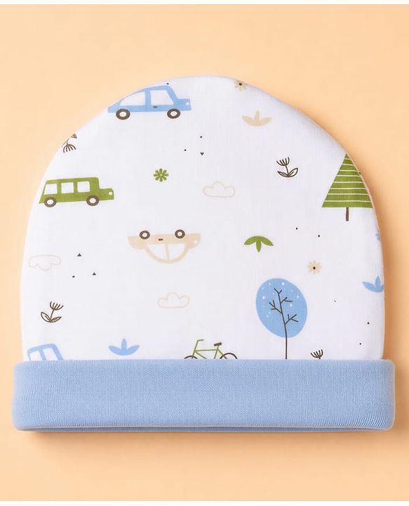 Babyhug 100% Cotton Interlock Knit Full Sleeves Onesies with Leggings & Cap Mittens & Booties With Vehicle Print - Light Blue