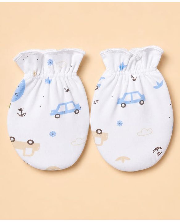 Babyhug 100% Cotton Interlock Knit Full Sleeves Onesies with Leggings & Cap Mittens & Booties With Vehicle Print - Light Blue