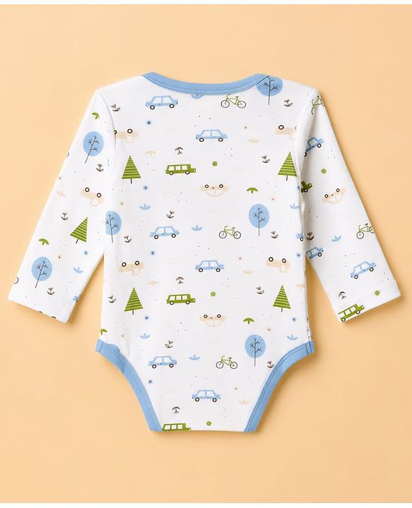 Babyhug 100% Cotton Interlock Knit Full Sleeves Onesies with Leggings & Cap Mittens & Booties With Vehicle Print - Light Blue
