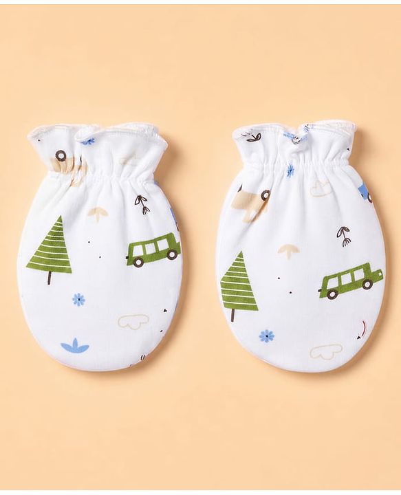 Babyhug 100% Cotton Interlock Knit Full Sleeves Onesies with Leggings & Cap Mittens & Booties With Vehicle Print - Light Blue