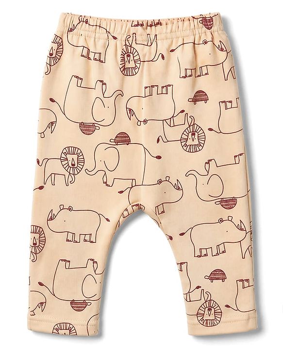 Babyhug 100% Cotton Interlock Knit Full Sleeves Animal Printed Onesies With Leggings & Cap Mittens and Booties Set - Beige