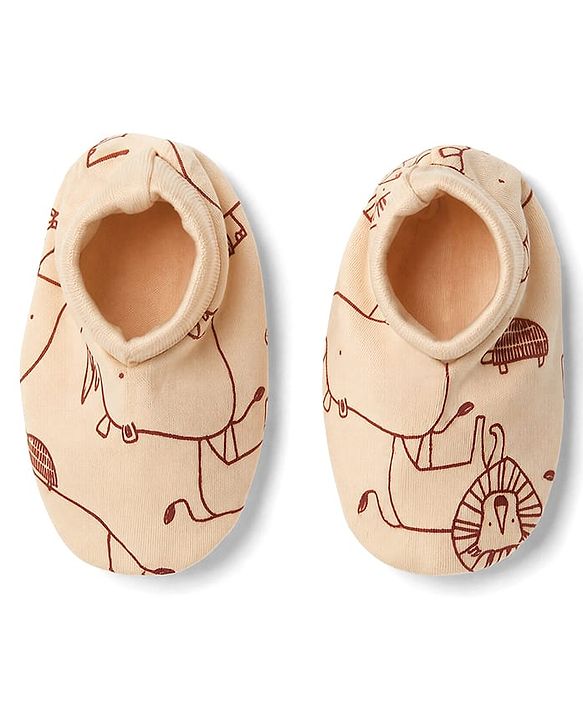 Babyhug 100% Cotton Interlock Knit Full Sleeves Animal Printed Onesies With Leggings & Cap Mittens and Booties Set - Beige