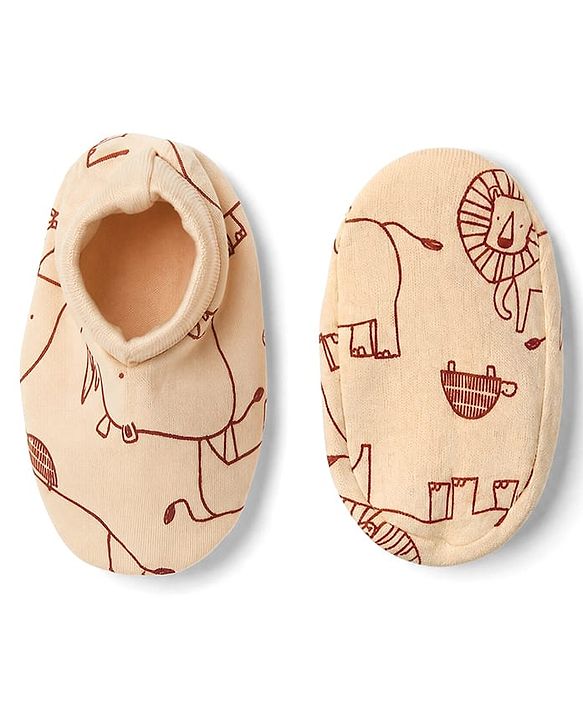 Babyhug 100% Cotton Interlock Knit Full Sleeves Animal Printed Onesies With Leggings & Cap Mittens and Booties Set - Beige