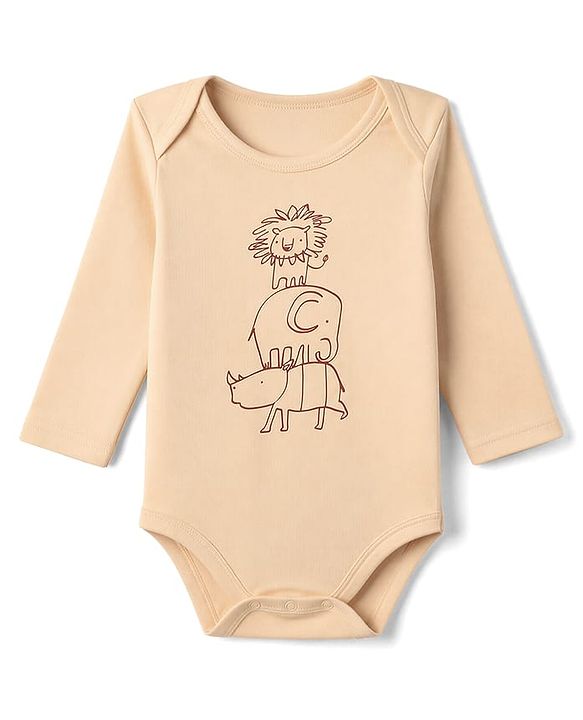 Babyhug 100% Cotton Interlock Knit Full Sleeves Animal Printed Onesies With Leggings & Cap Mittens and Booties Set - Beige