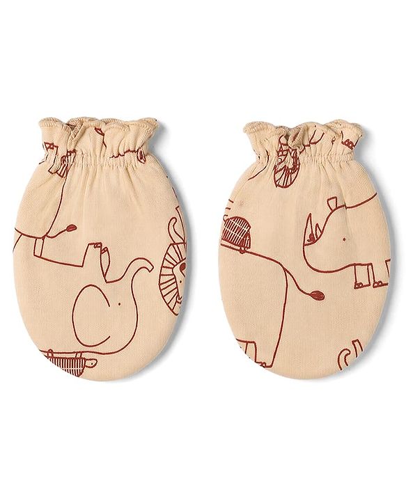 Babyhug 100% Cotton Interlock Knit Full Sleeves Animal Printed Onesies With Leggings & Cap Mittens and Booties Set - Beige