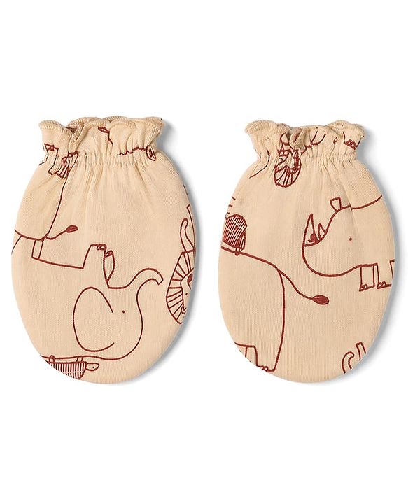 Babyhug 100% Cotton Interlock Knit Full Sleeves Animal Printed Onesies With Leggings & Cap Mittens and Booties Set - Beige