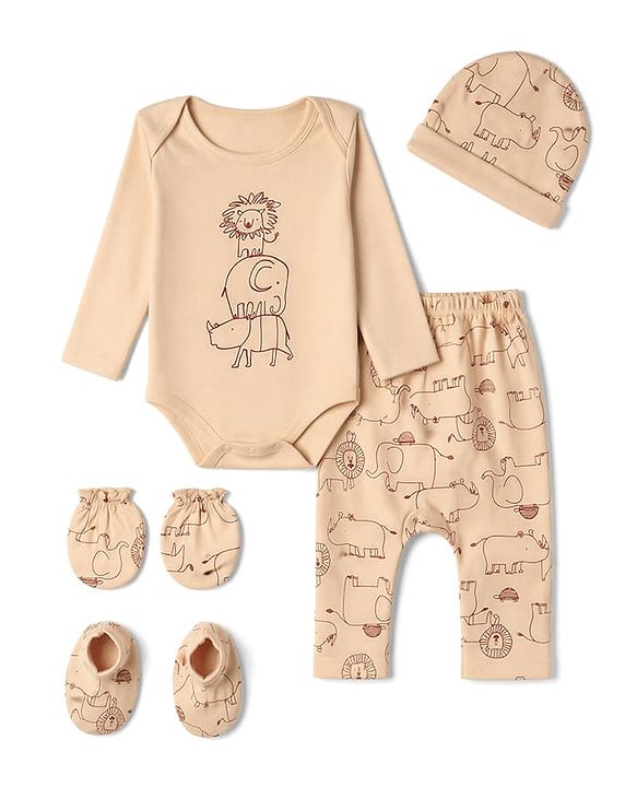 Babyhug 100% Cotton Interlock Knit Full Sleeves Animal Printed Onesies With Leggings & Cap Mittens and Booties Set - Beige