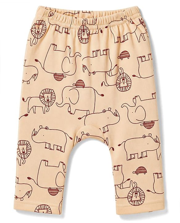 Babyhug 100% Cotton Interlock Knit Full Sleeves Animal Printed Onesies With Leggings & Cap Mittens and Booties Set - Beige
