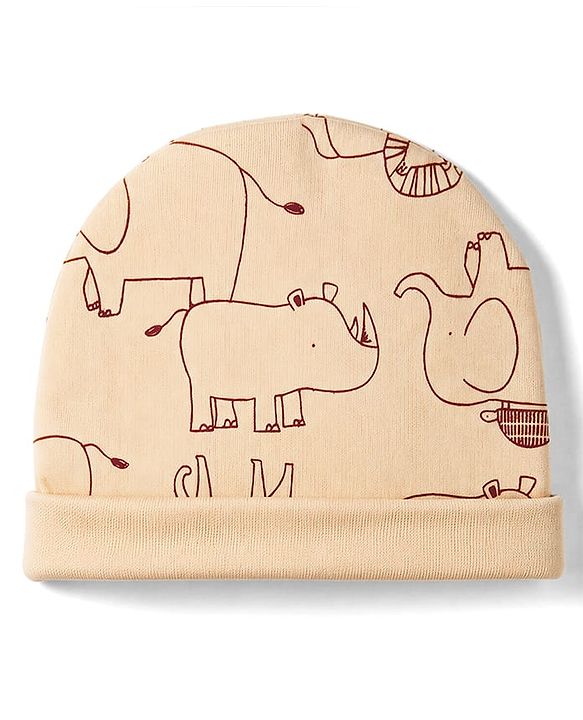 Babyhug 100% Cotton Interlock Knit Full Sleeves Animal Printed Onesies With Leggings & Cap Mittens and Booties Set - Beige