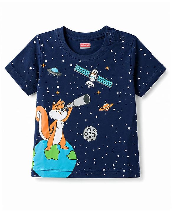 Babyhug Cotton Knit Half Sleeves Space Theme Printed T-Shirt & Shorts Night Suit - Navy