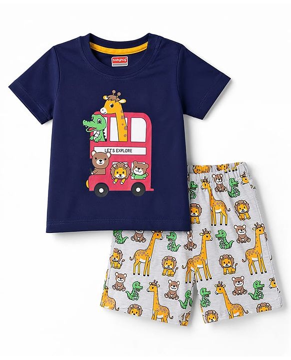 Babyhug Cotton Knit Half Sleeves Safari Printed T-Shirt & Shorts Night Suit -Navy