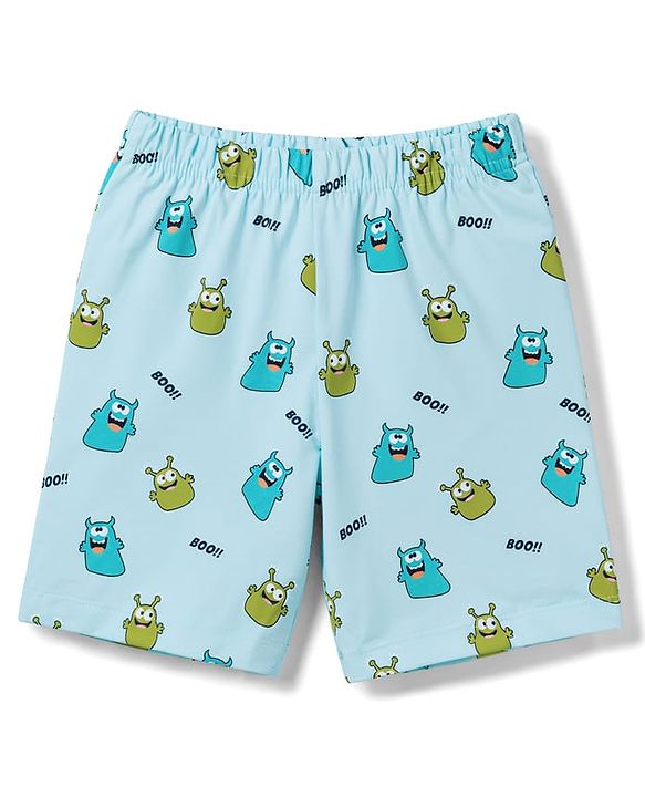Babyhug Cotton Knit Half Sleeves Monster Printed T-Shirt & Shorts Night Suit -Blue