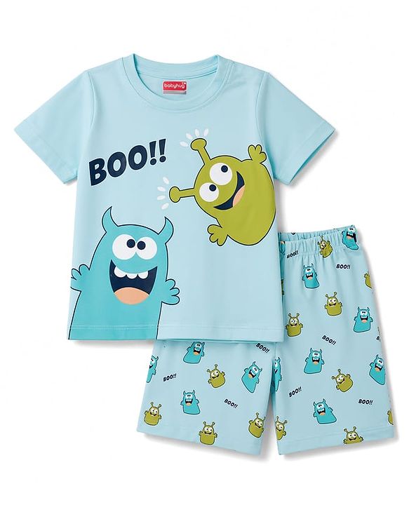 Babyhug Cotton Knit Half Sleeves Monster Printed T-Shirt & Shorts Night Suit -Blue