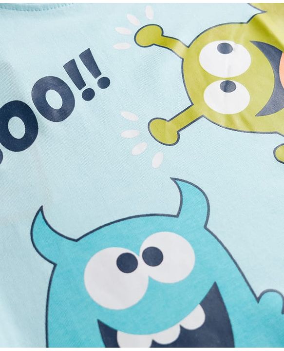 Babyhug Cotton Knit Half Sleeves Monster Printed T-Shirt & Shorts Night Suit -Blue