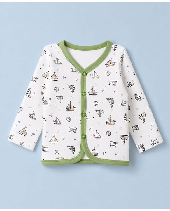 Babyhug 100% Cotton Interlock Knit Full Sleeves Striped & Boat Printed Jhablas Pack of 3 - White & Green