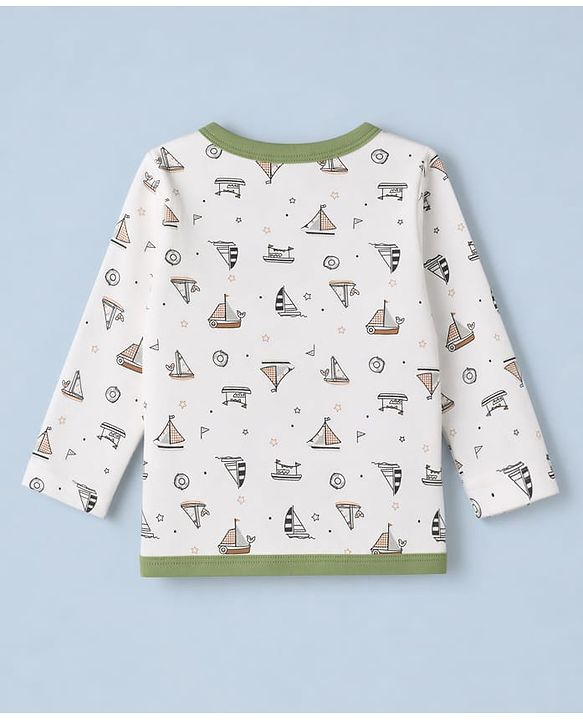 Babyhug 100% Cotton Interlock Knit Full Sleeves Striped & Boat Printed Jhablas Pack of 3 - White & Green