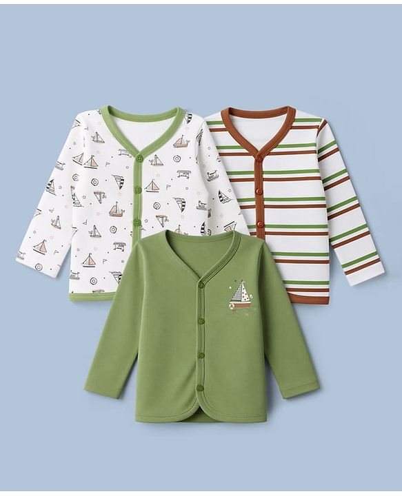 Babyhug 100% Cotton Interlock Knit Full Sleeves Striped & Boat Printed Jhablas Pack of 3 - White & Green