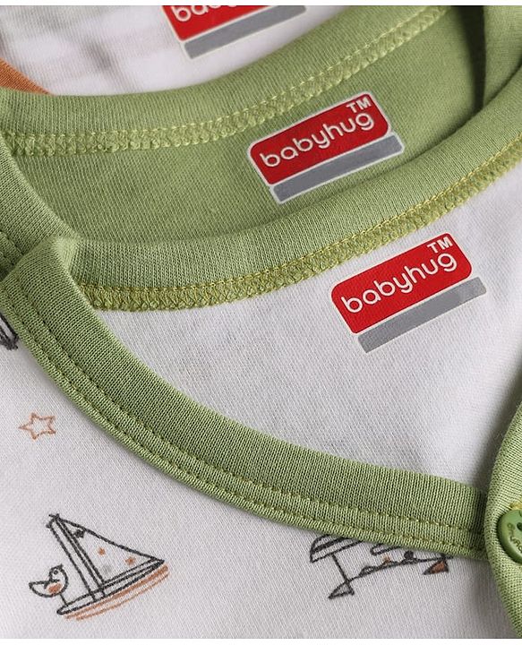 Babyhug 100% Cotton Interlock Knit Full Sleeves Striped & Boat Printed Jhablas Pack of 3 - White & Green