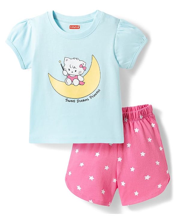 Babyhug 100% Cotton Knit Half Sleeves T-Shirt & Shorts Night Suit With Star & Kitten Print - Blue & Pink