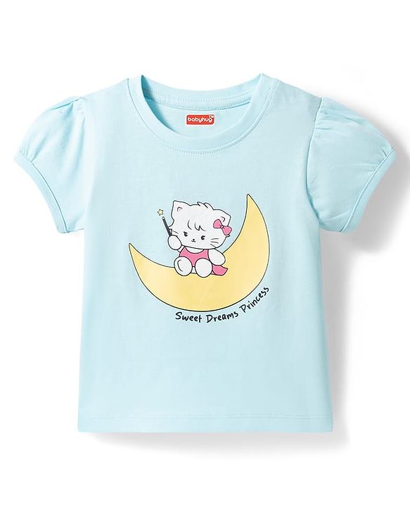 Babyhug 100% Cotton Knit Half Sleeves T-Shirt & Shorts Night Suit With Star & Kitten Print - Blue & Pink