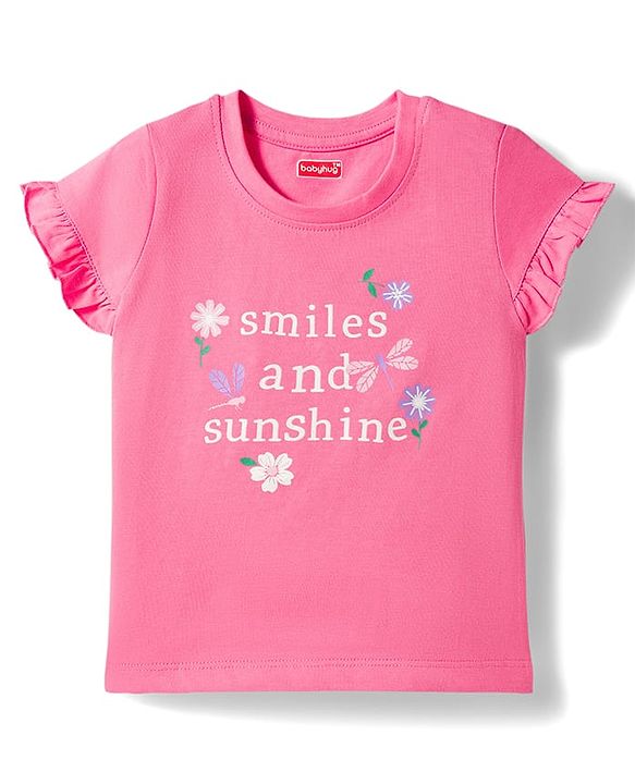 Babyhug 100% Cotton Knit Half Sleeves T-Shirt & Shorts Night Suit With Floral Print - Pink