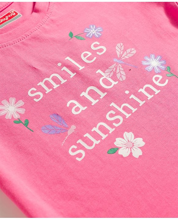 Babyhug 100% Cotton Knit Half Sleeves T-Shirt & Shorts Night Suit With Floral Print - Pink