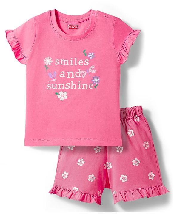 Babyhug 100% Cotton Knit Half Sleeves T-Shirt & Shorts Night Suit With Floral Print - Pink