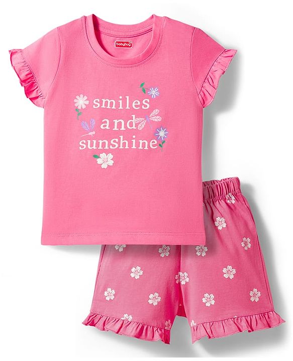 Babyhug 100% Cotton Knit Half Sleeves T-Shirt & Shorts Night Suit With Floral Print - Pink