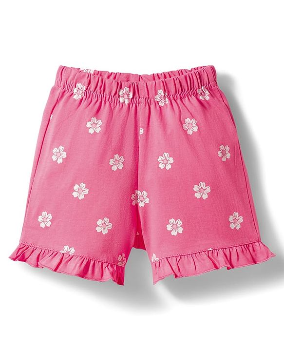 Babyhug 100% Cotton Knit Half Sleeves T-Shirt & Shorts Night Suit With Floral Print - Pink