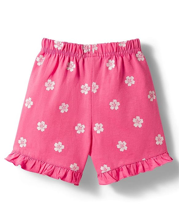 Babyhug 100% Cotton Knit Half Sleeves T-Shirt & Shorts Night Suit With Floral Print - Pink