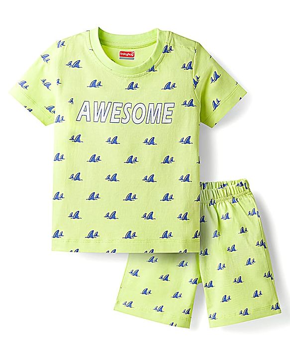 Babyhug Cotton Knit Half Sleeves Sea Life Printed Co-Ords T-Shirt & Shorts Night Suit - Lime Green
