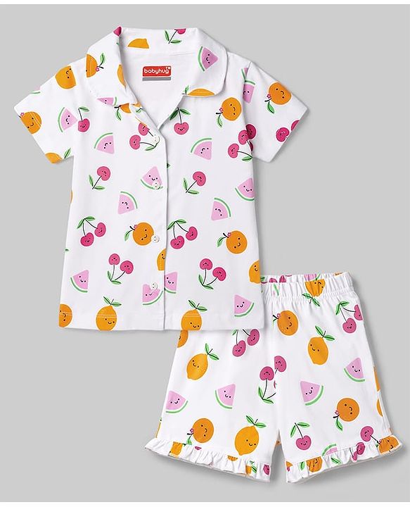 Babyhug 100% Cotton Knit Half Sleeves Tropical Theme Printed Co-Ords Shirt & Shorts Night Suit - White