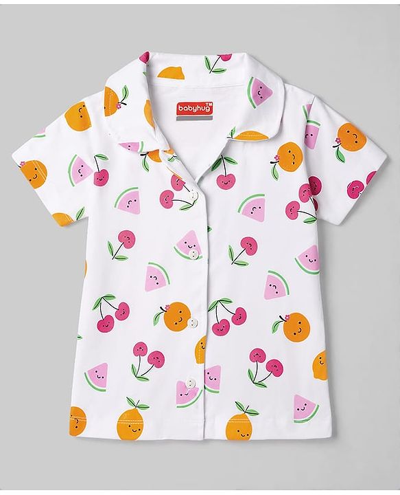 Babyhug 100% Cotton Knit Half Sleeves Tropical Theme Printed Co-Ords Shirt & Shorts Night Suit - White