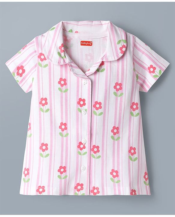 Babyhug Cotton Knit Half Sleeves Floral & Striped Co-Ords Shirt & Shorts Night Suit - Pink