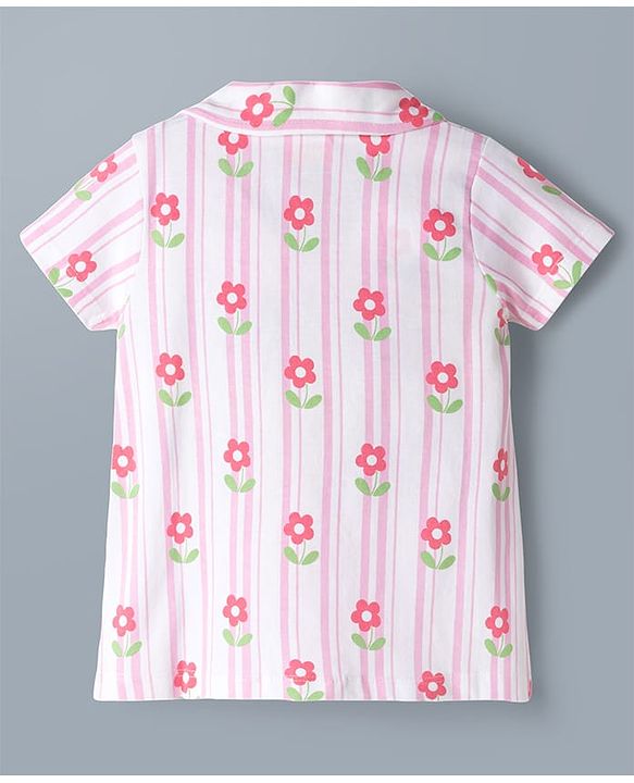 Babyhug Cotton Knit Half Sleeves Floral & Striped Co-Ords Shirt & Shorts Night Suit - Pink