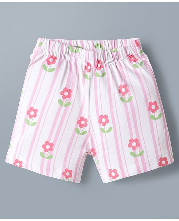 Babyhug Cotton Knit Half Sleeves Floral & Striped Co-Ords Shirt & Shorts Night Suit - Pink