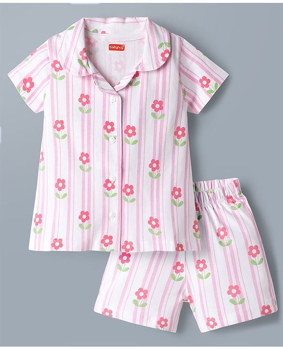 Babyhug Cotton Knit Half Sleeves Floral & Striped Co-Ords Shirt & Shorts Night Suit - Pink