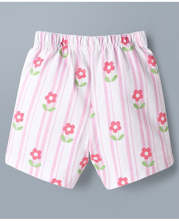 Babyhug Cotton Knit Half Sleeves Floral & Striped Co-Ords Shirt & Shorts Night Suit - Pink