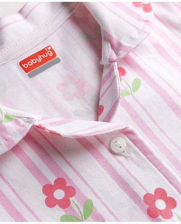 Babyhug Cotton Knit Half Sleeves Floral & Striped Co-Ords Shirt & Shorts Night Suit - Pink